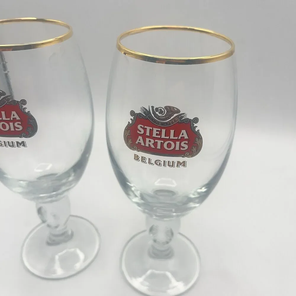 STELLA ARTOIS Belgium Chalice Beer Glass 33 CL Gold Rim (Set Of 2)